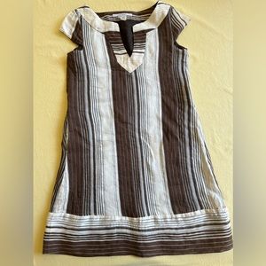 Zara Midi Dress Women Small Short Sleeve V Neck Above Knee Striped Brown Beige